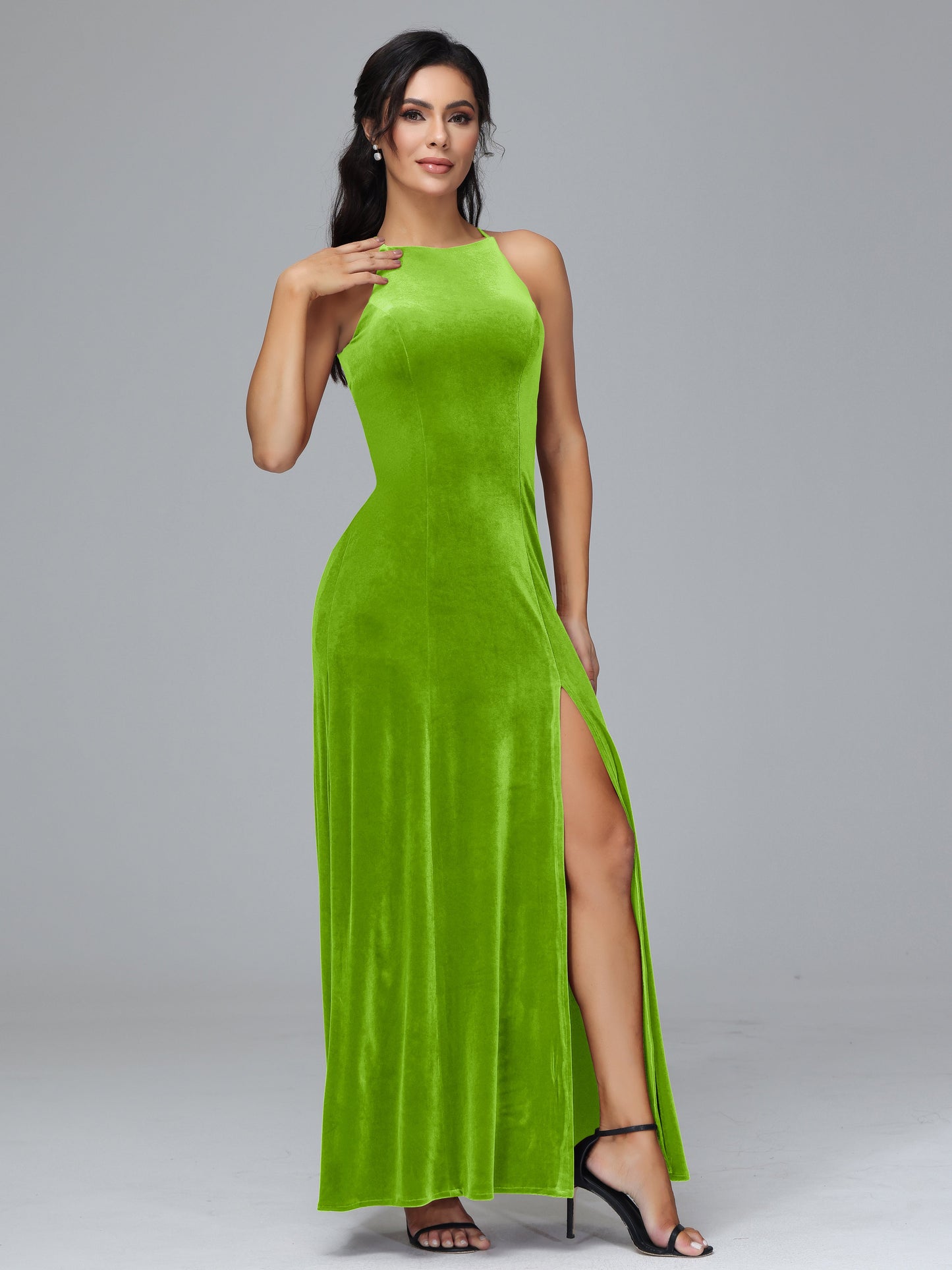 Halter Open Back Plus Size Velvet Bridesmaid Dress