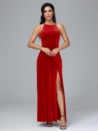 Halter Open Back Plus Size Velvet Bridesmaid Dress
