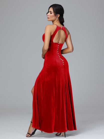 Halter Open Back Plus Size Velvet Bridesmaid Dress