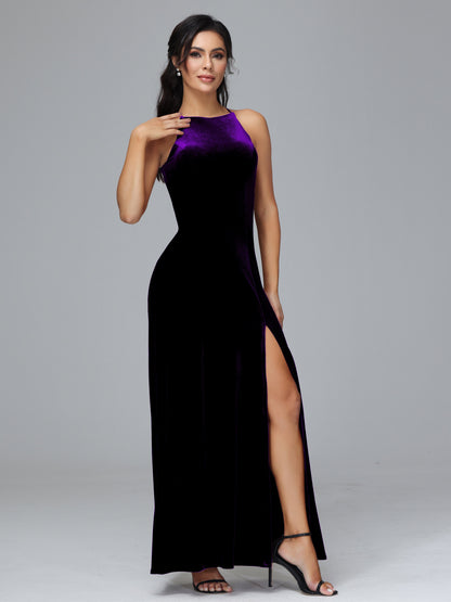 Halter Open Back Plus Size Velvet Bridesmaid Dress