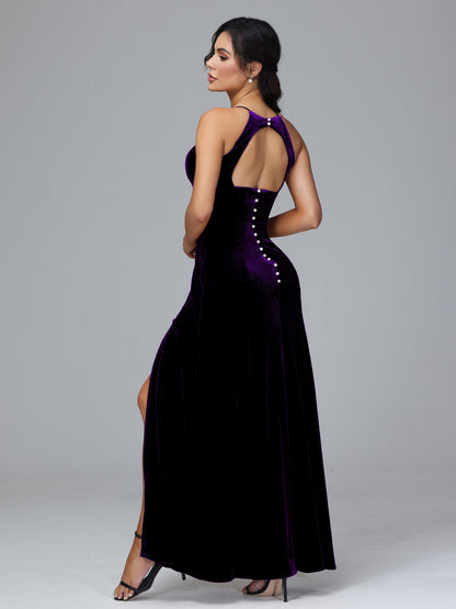 Halter Open Back Plus Size Velvet Bridesmaid Dress