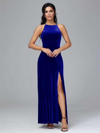 Halter Open Back Plus Size Velvet Bridesmaid Dress