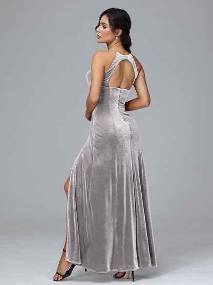 Halter Open Back Plus Size Velvet Bridesmaid Dress