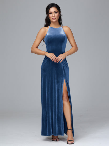 Halter Open Back Plus Size Velvet Bridesmaid Dress