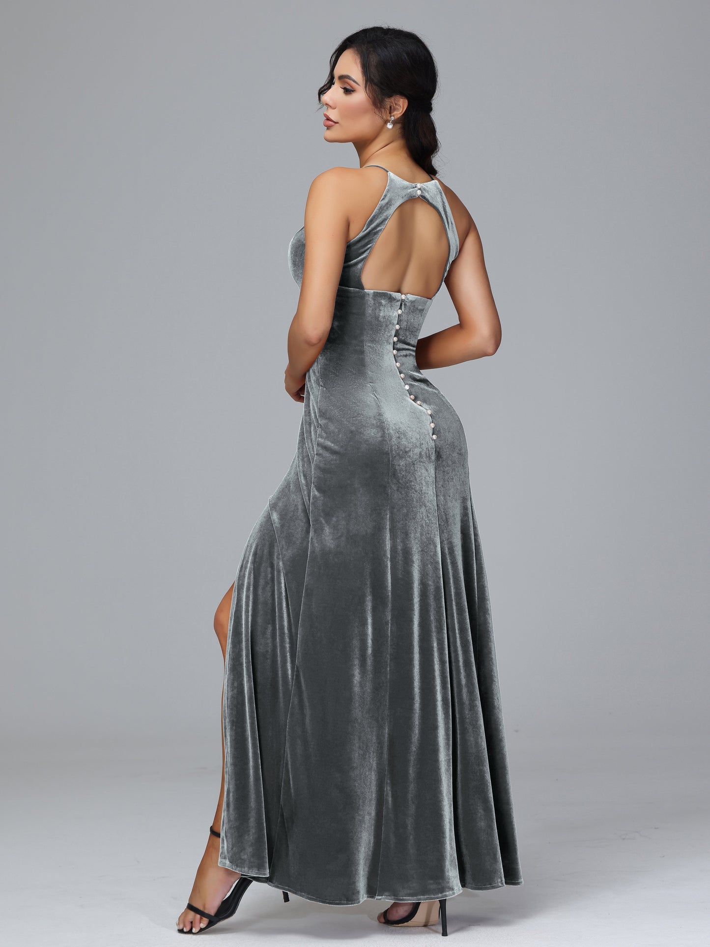 Halter Open Back Plus Size Velvet Bridesmaid Dress