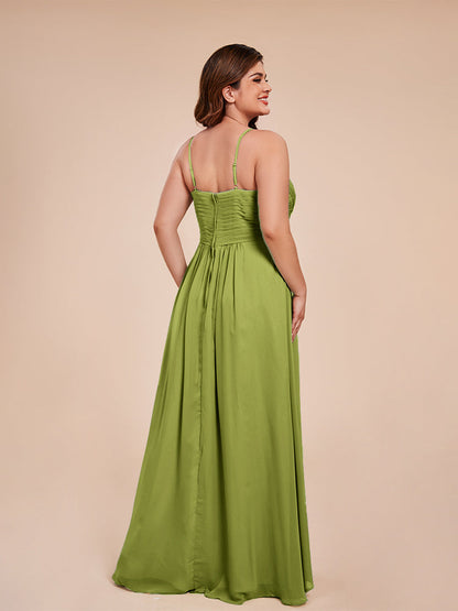 Isla Plus Size V-neck Ruched Chiffon Bridesmaid Dresses with Slit