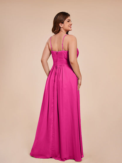 Isla Plus Size V-neck Ruched Chiffon Bridesmaid Dresses with Slit