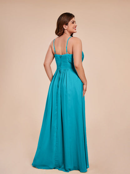 Isla Plus Size V-neck Ruched Chiffon Bridesmaid Dresses with Slit