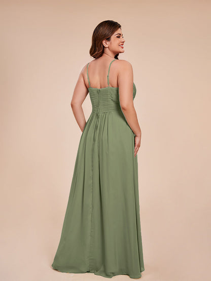 Isla Plus Size V-neck Ruched Chiffon Bridesmaid Dresses with Slit