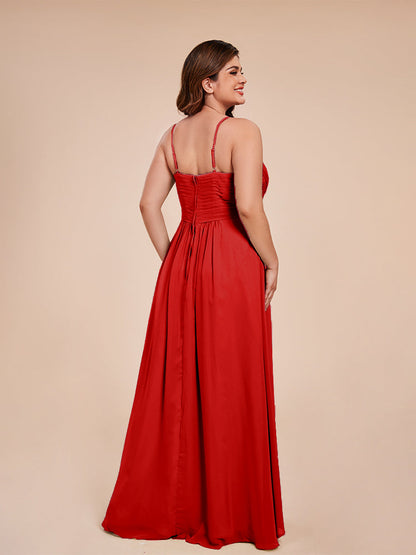 Isla Plus Size V-neck Ruched Chiffon Bridesmaid Dresses with Slit