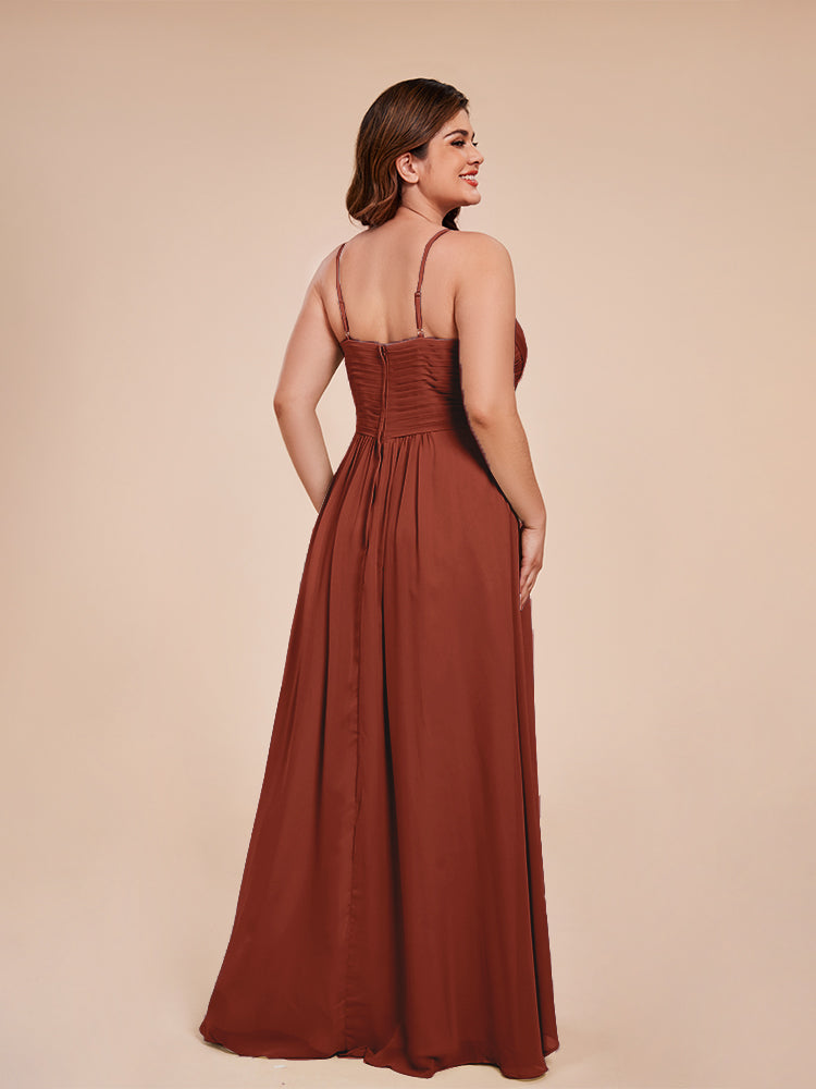 Isla Plus Size V-neck Ruched Chiffon Bridesmaid Dresses with Slit