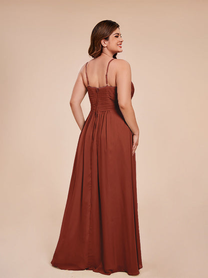 Isla Plus Size V-neck Ruched Chiffon Bridesmaid Dresses with Slit