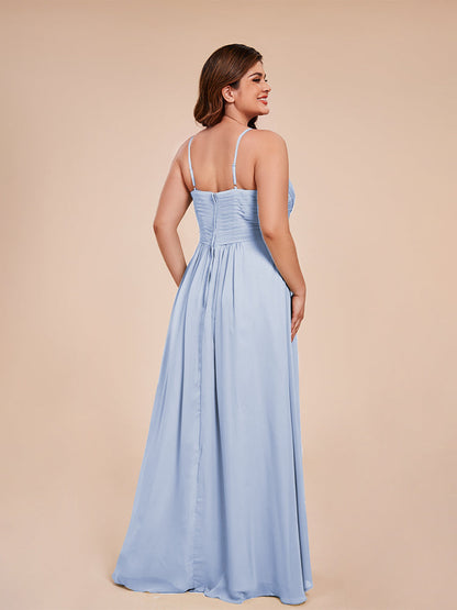 Isla Plus Size V-neck Ruched Chiffon Bridesmaid Dresses with Slit
