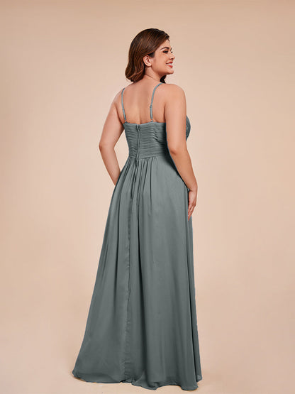 Isla Plus Size V-neck Ruched Chiffon Bridesmaid Dresses with Slit