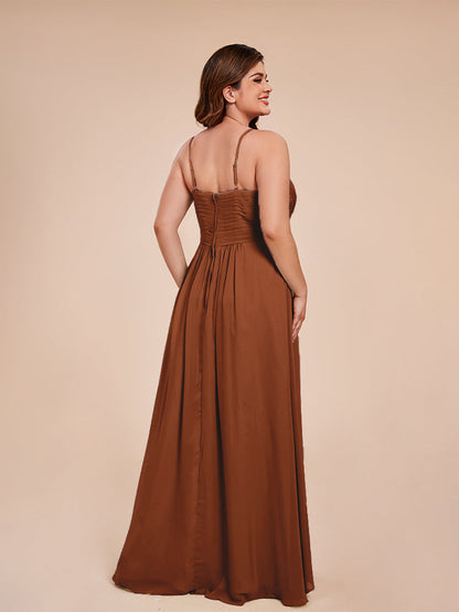 Isla Plus Size V-neck Ruched Chiffon Bridesmaid Dresses with Slit