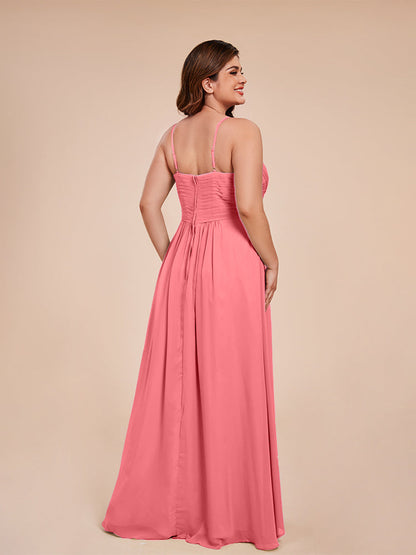 Isla Plus Size V-neck Ruched Chiffon Bridesmaid Dresses with Slit