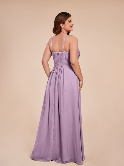 Isla Plus Size V-neck Ruched Chiffon Bridesmaid Dresses with Slit
