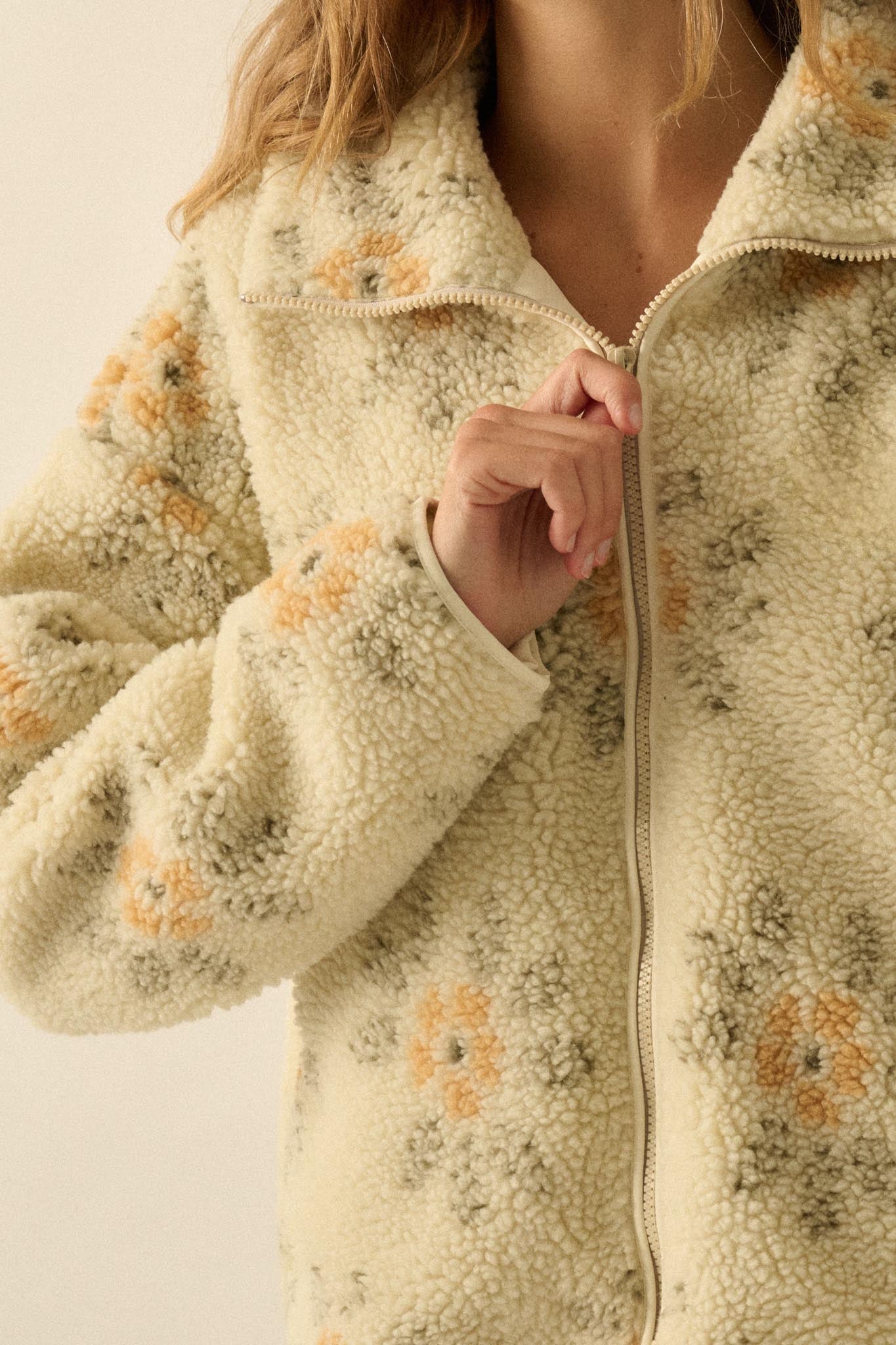 Fluffy Flowers Floral Sherpa Fleece Zip-Up Jacket