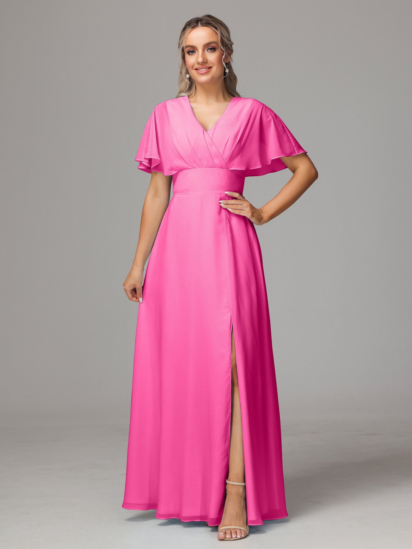 Short Sleeves V Neck Chiffon Bridesmaid Dress With Slit