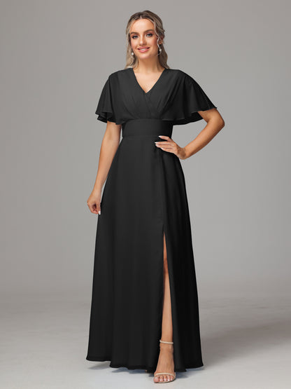 Short Sleeves V Neck Chiffon Bridesmaid Dress With Slit