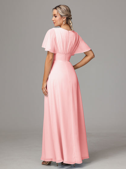 Short Sleeves V Neck Chiffon Bridesmaid Dress With Slit