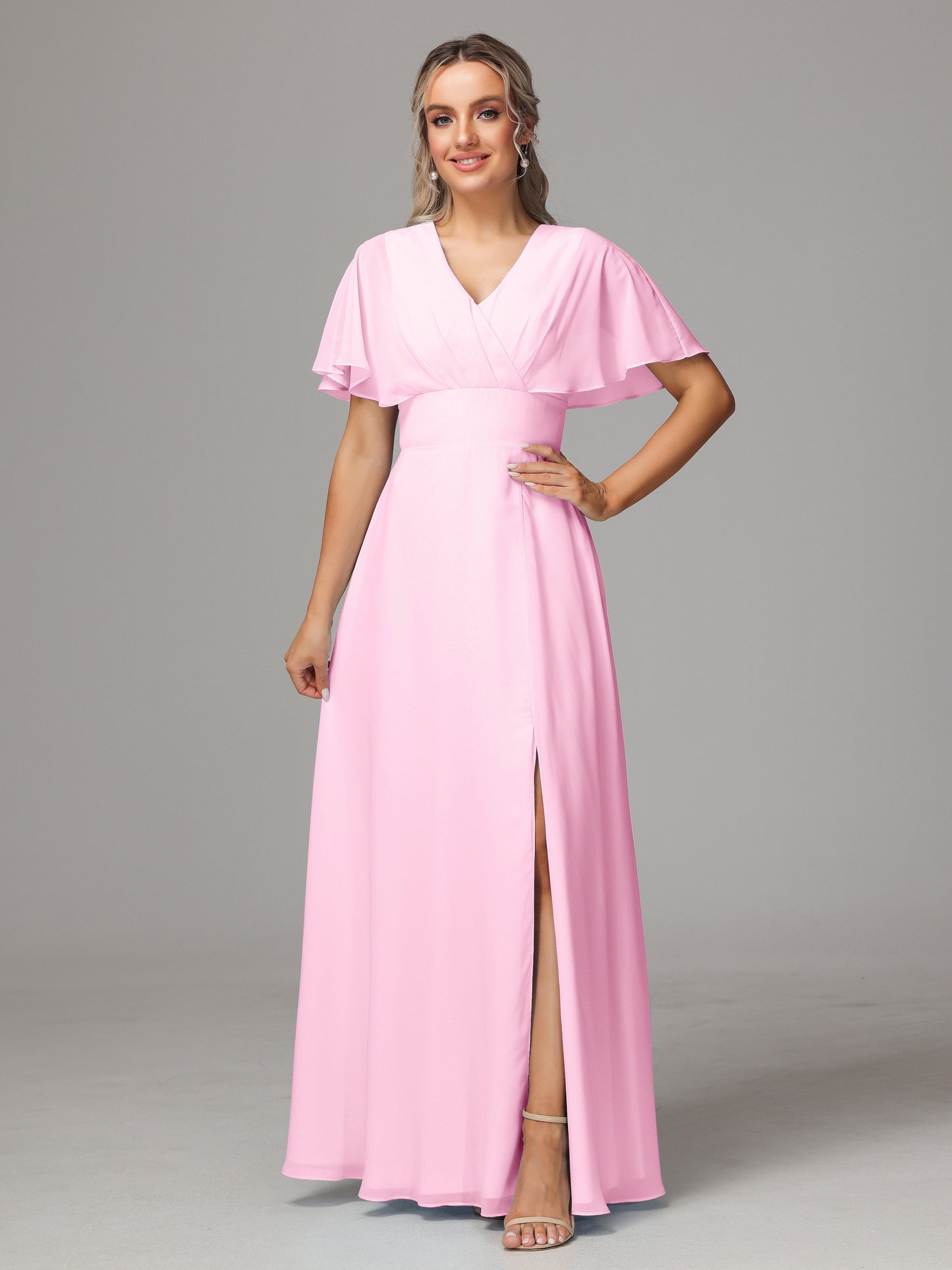 Short Sleeves V Neck Chiffon Bridesmaid Dress With Slit