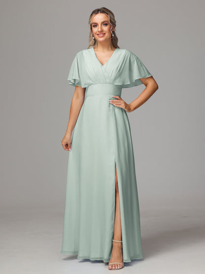 Short Sleeves V Neck Chiffon Bridesmaid Dress With Slit