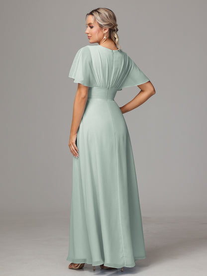Short Sleeves V Neck Chiffon Bridesmaid Dress With Slit