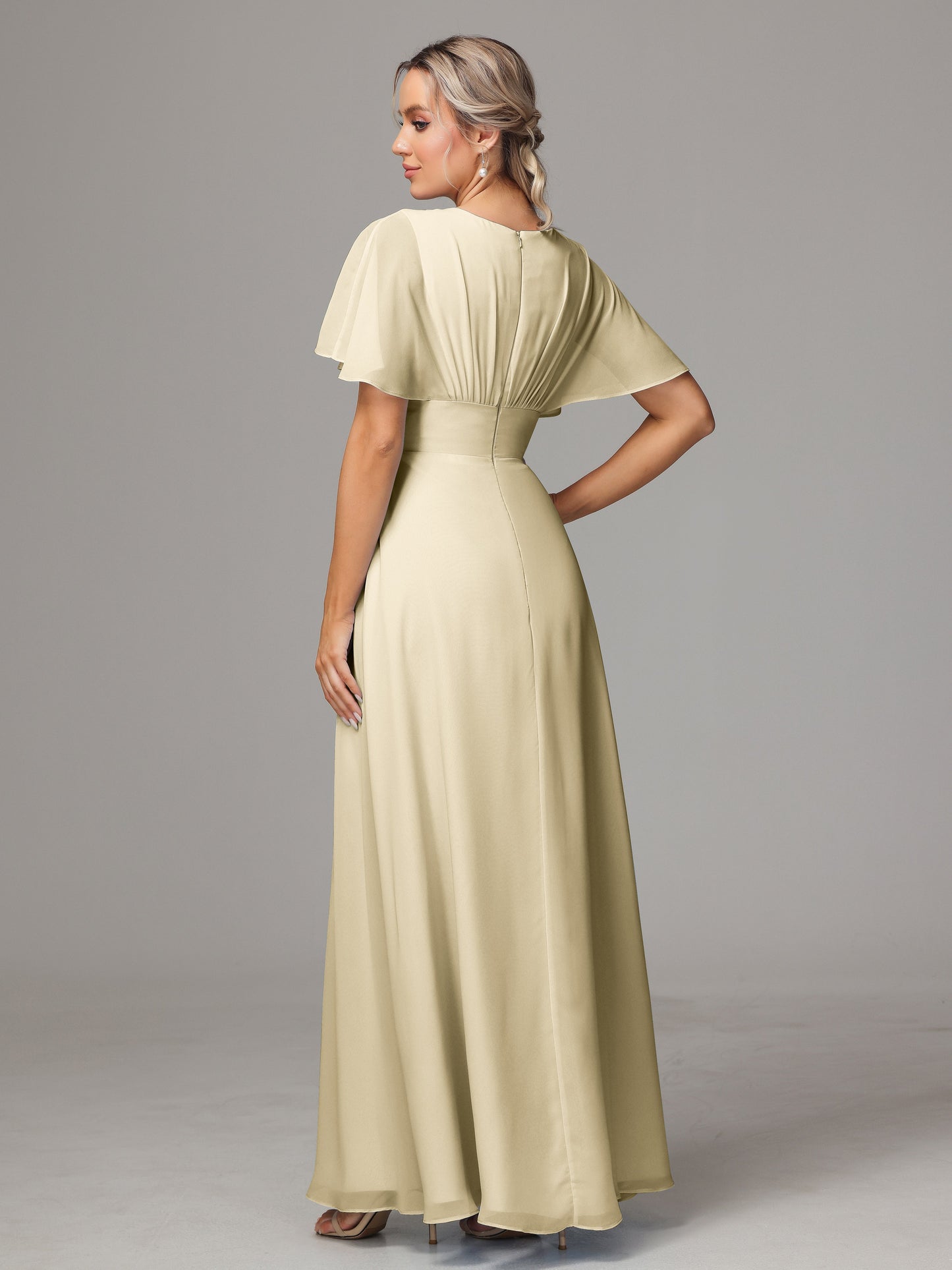 Short Sleeves V Neck Chiffon Bridesmaid Dress With Slit