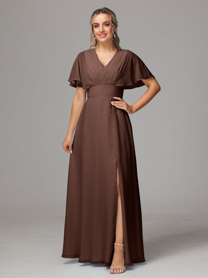 Short Sleeves V Neck Chiffon Bridesmaid Dress With Slit