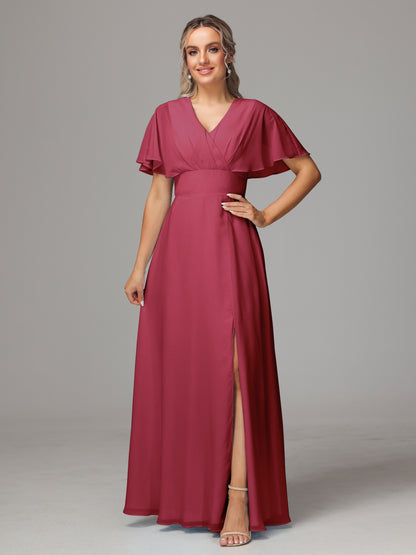 Short Sleeves V Neck Chiffon Bridesmaid Dress With Slit