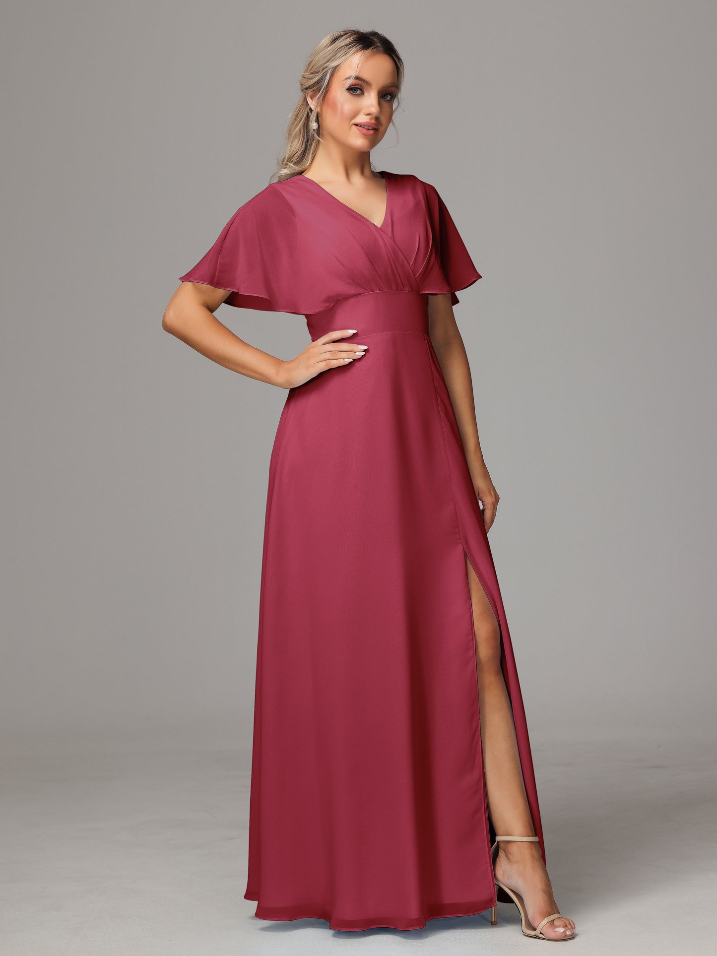 Short Sleeves V Neck Chiffon Bridesmaid Dress With Slit