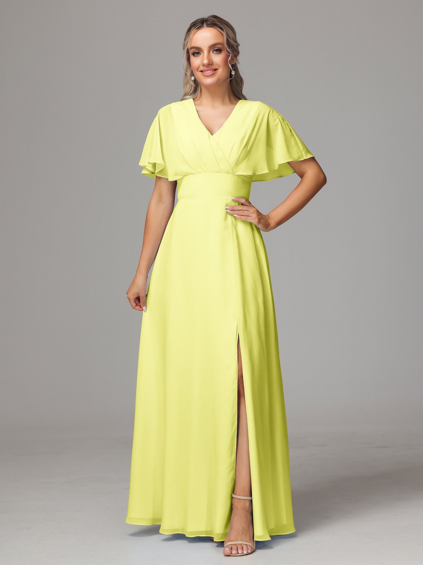 Short Sleeves V Neck Chiffon Bridesmaid Dress With Slit