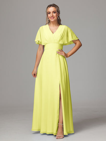 Short Sleeves V Neck Chiffon Bridesmaid Dress With Slit