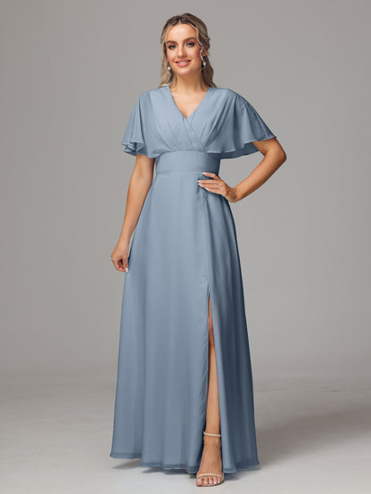 Short Sleeves V Neck Chiffon Bridesmaid Dress With Slit