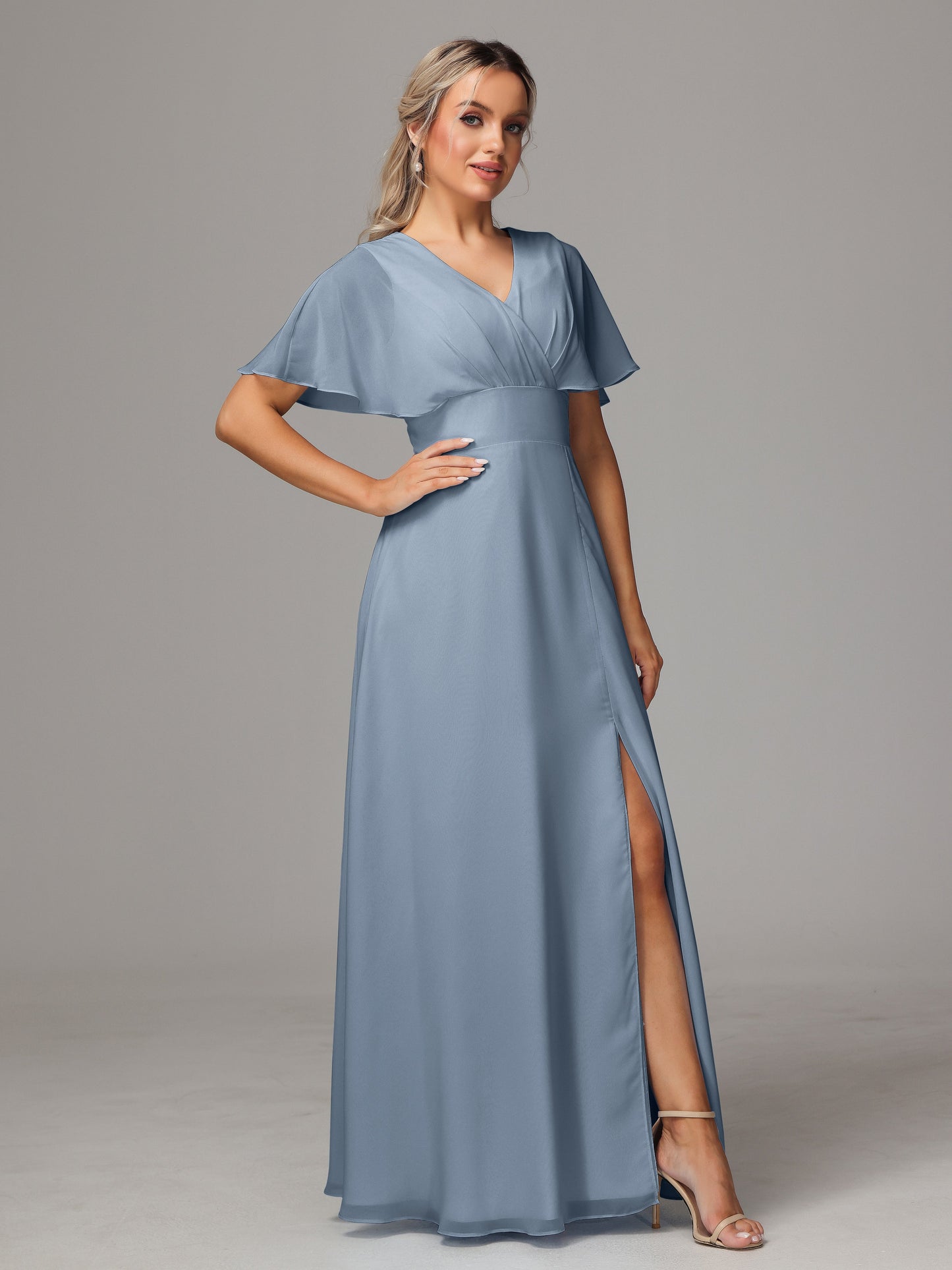 Short Sleeves V Neck Chiffon Bridesmaid Dress With Slit