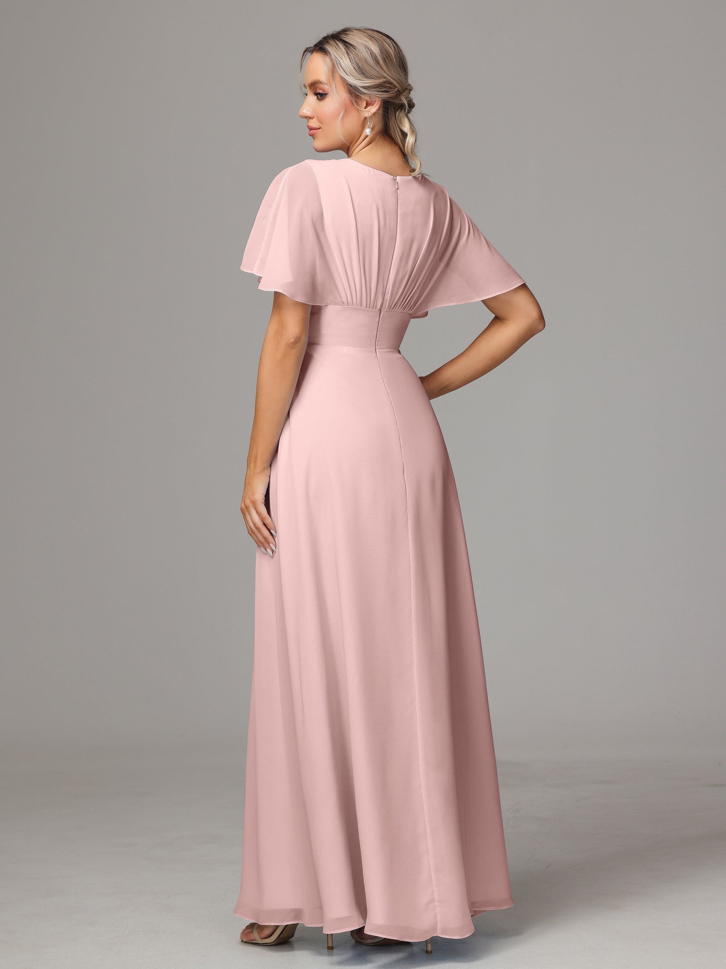 Short Sleeves V Neck Chiffon Bridesmaid Dress With Slit