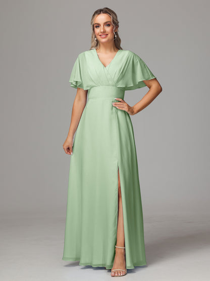 Short Sleeves V Neck Chiffon Bridesmaid Dress With Slit