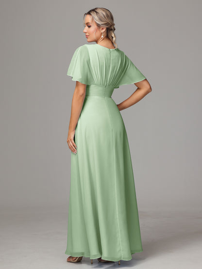 Short Sleeves V Neck Chiffon Bridesmaid Dress With Slit