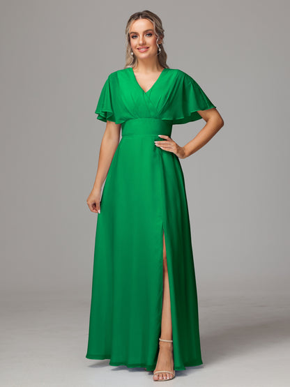 Short Sleeves V Neck Chiffon Bridesmaid Dress With Slit
