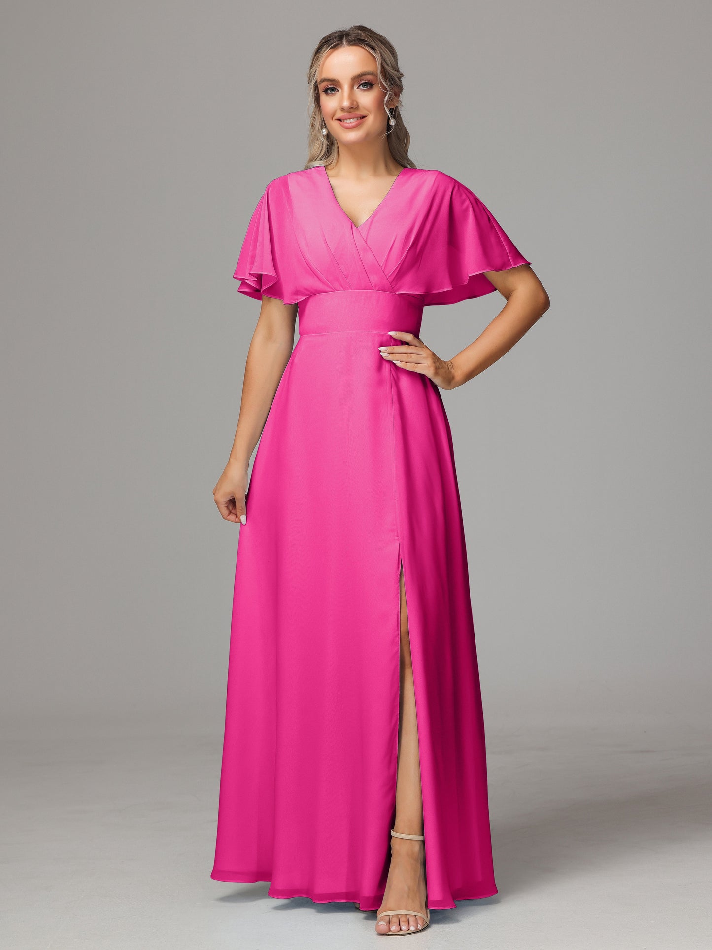 Short Sleeves V Neck Chiffon Bridesmaid Dress With Slit