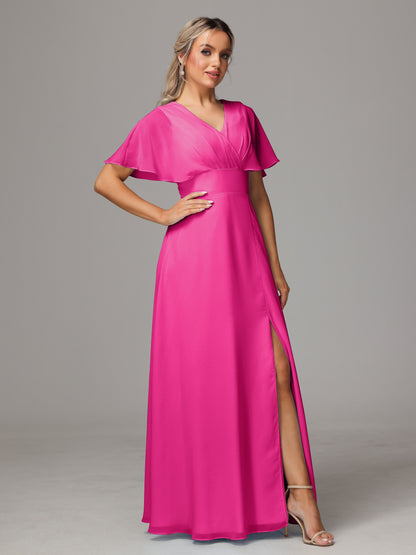 Short Sleeves V Neck Chiffon Bridesmaid Dress With Slit