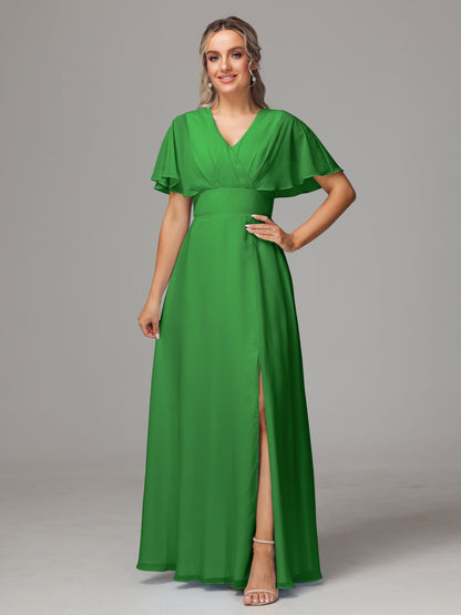 Short Sleeves V Neck Chiffon Bridesmaid Dress With Slit
