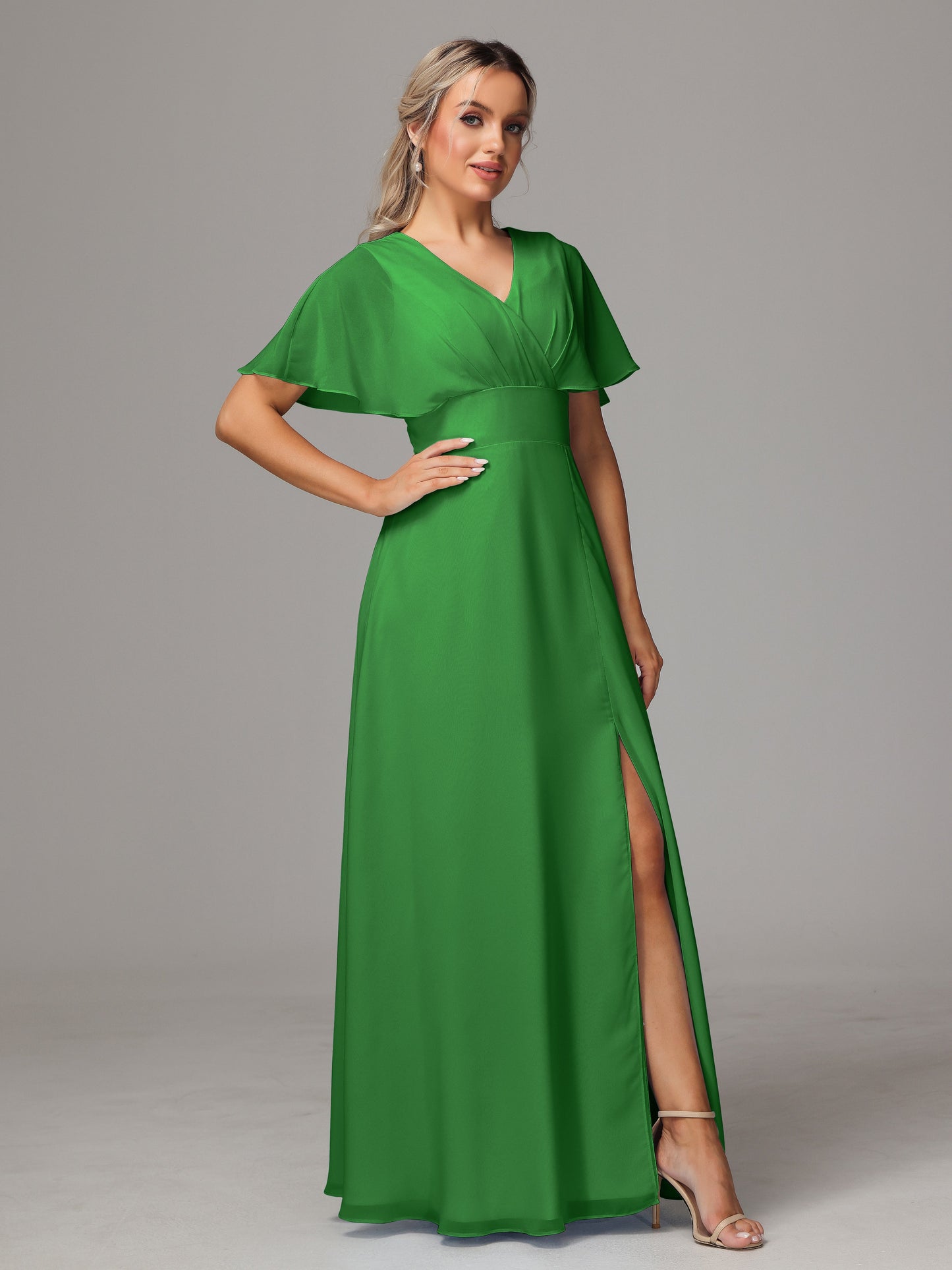 Short Sleeves V Neck Chiffon Bridesmaid Dress With Slit