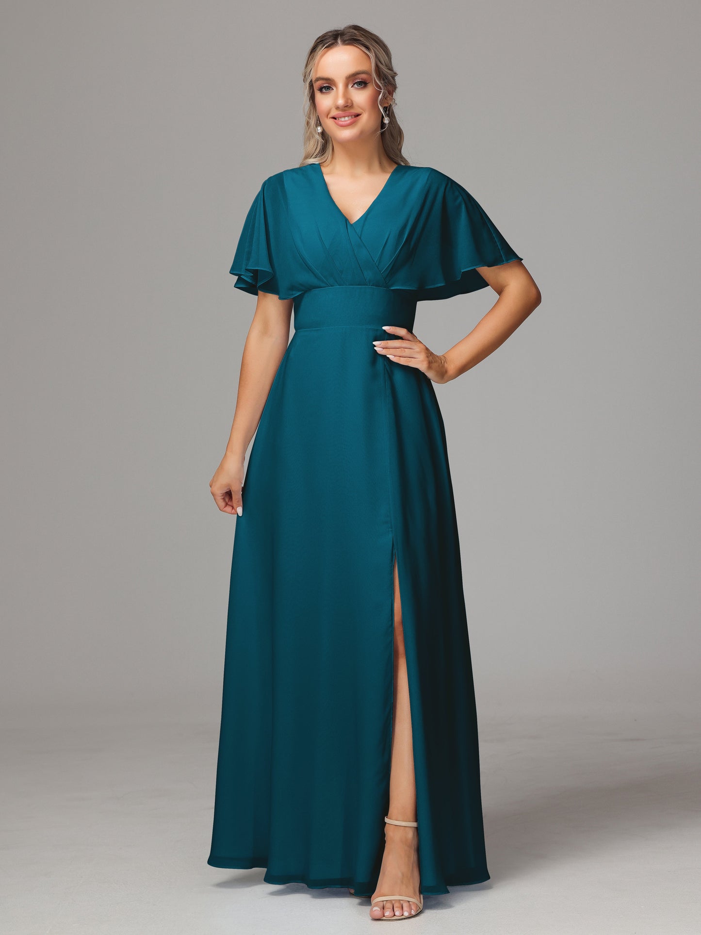 Short Sleeves V Neck Chiffon Bridesmaid Dress With Slit