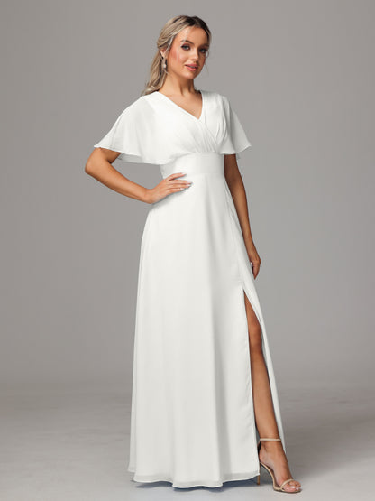 Short Sleeves V Neck Chiffon Bridesmaid Dress With Slit