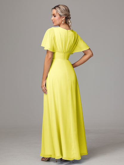 Short Sleeves V Neck Chiffon Bridesmaid Dress With Slit