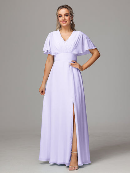Short Sleeves V Neck Chiffon Bridesmaid Dress With Slit