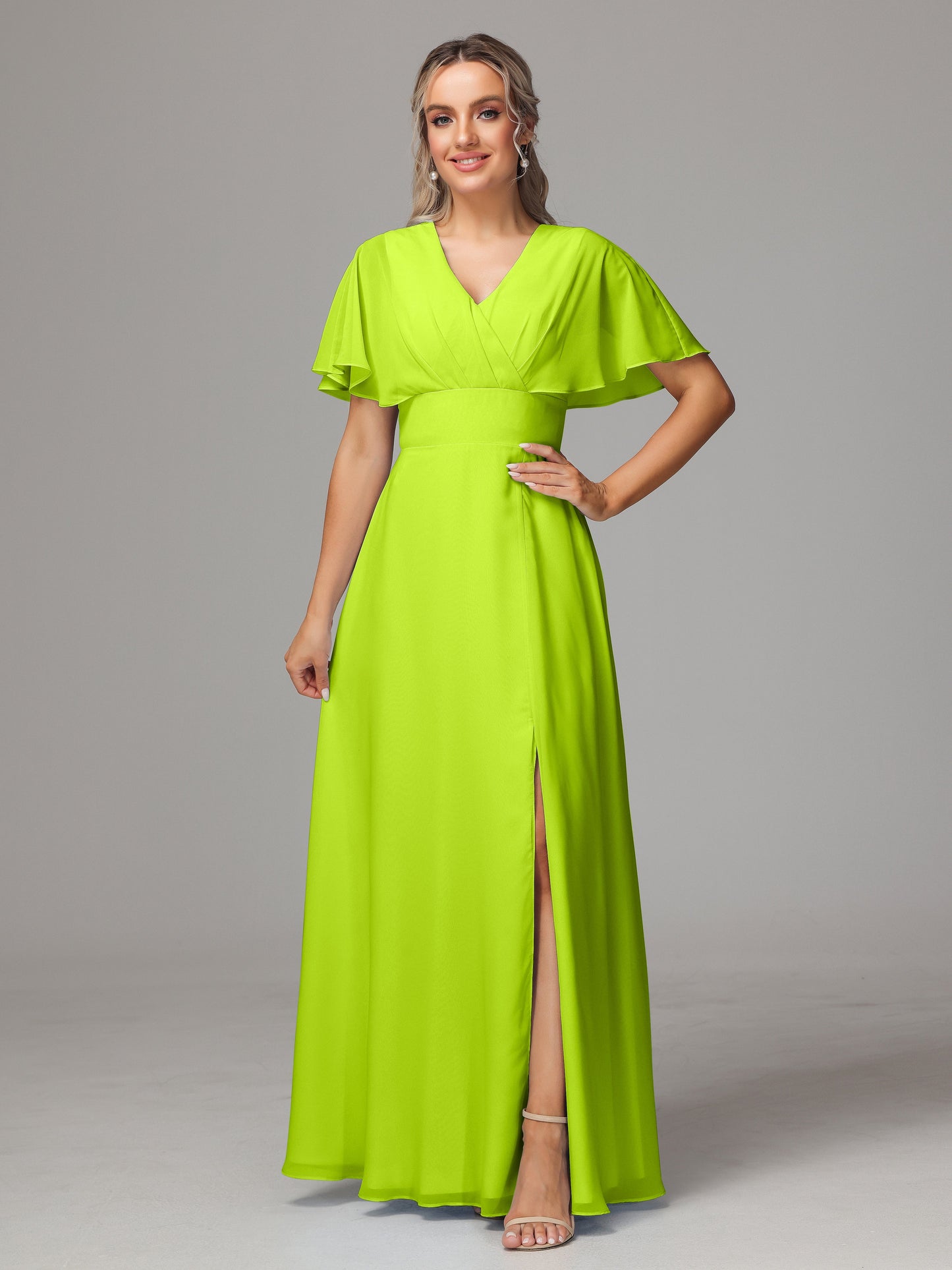 Short Sleeves V Neck Chiffon Bridesmaid Dress With Slit