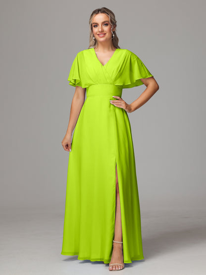 Short Sleeves V Neck Chiffon Bridesmaid Dress With Slit